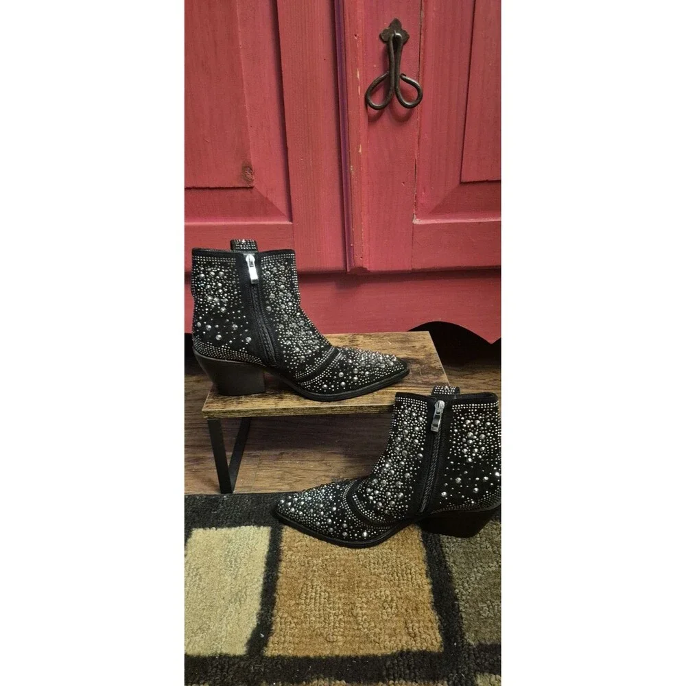 ISNOM Womens 6 Rhinestone Cowboy Boots Pointed Toe Block Heel  Ankle Shoes EUC